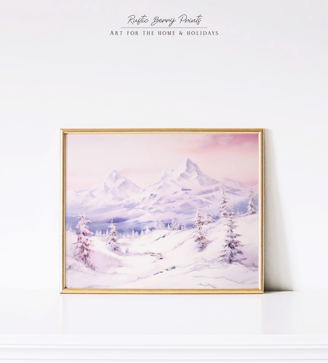 Pink Snowy Mountain Landscape With Pine Trees Pastel Winter Art Poster