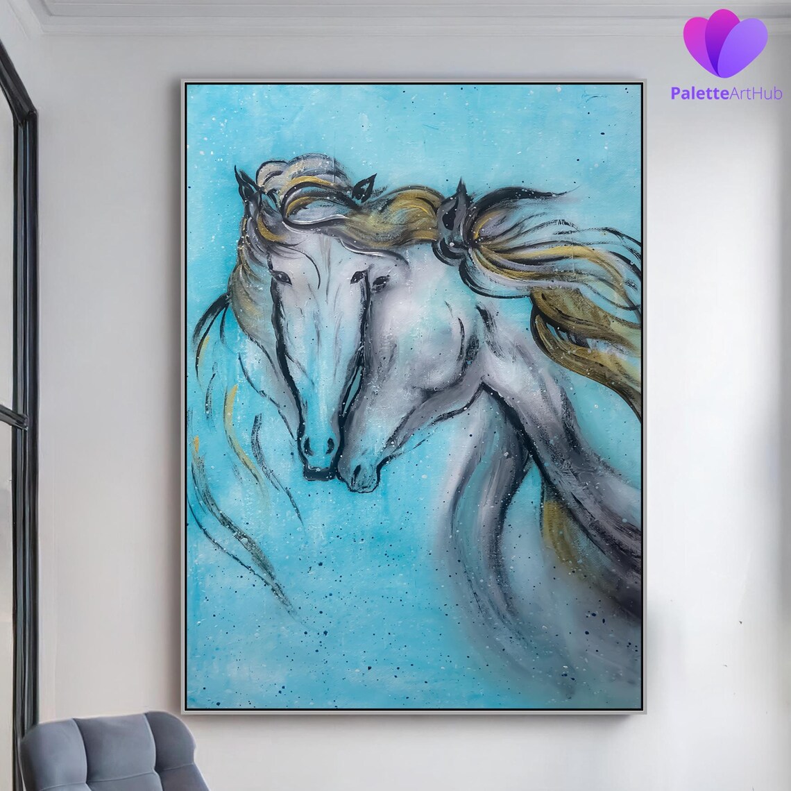 Twin Graceful White Horses Turquoise Abstract Equine Wall Art