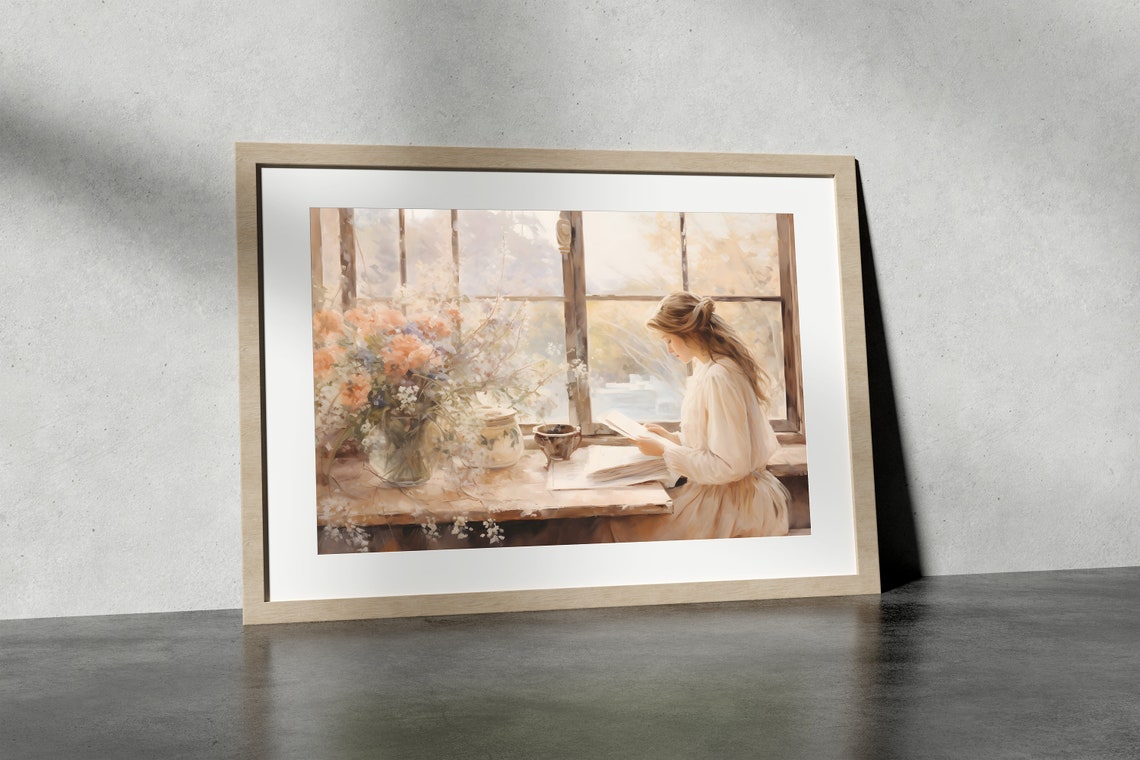 Woman Reading by a Sunlit Window with Flowers in Cozy Style Wall Art - Image 4