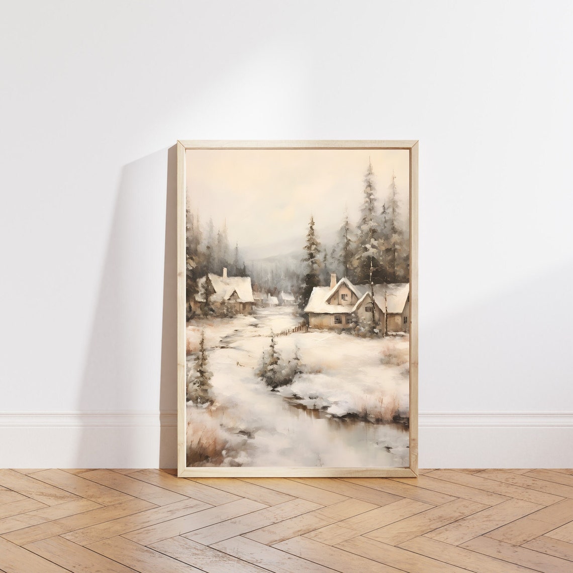 White Christmas Painting Winter Wonderland Art Print Winter Landscape Christmas Print Vintage Winter Village Painting - Image 4