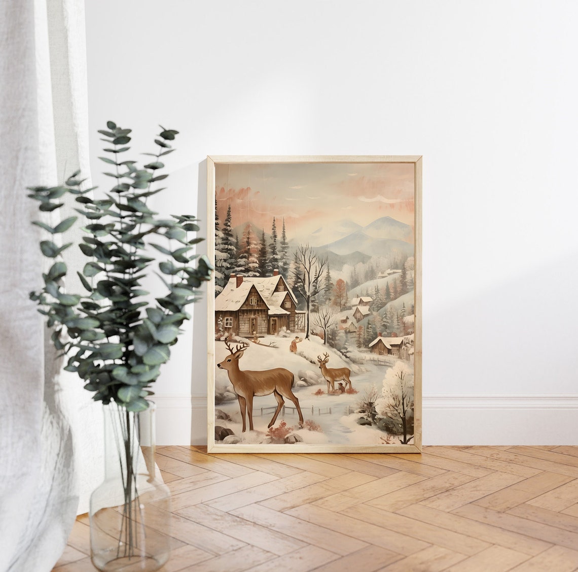 Deer in Snowy Mountain Village with Cozy Cabins Winter Poster - Image 3