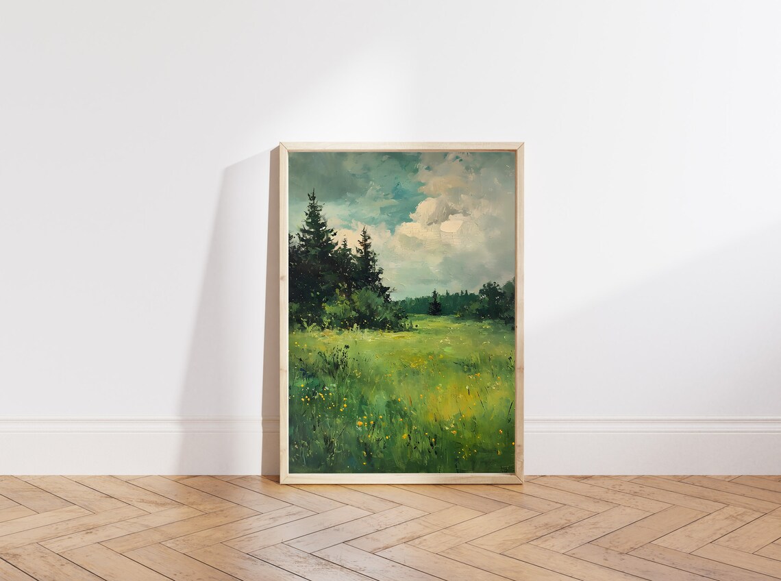 Wildflower Landscape Painting Meadow Pines Cloudy Sky Spring Art Poster - Image 5