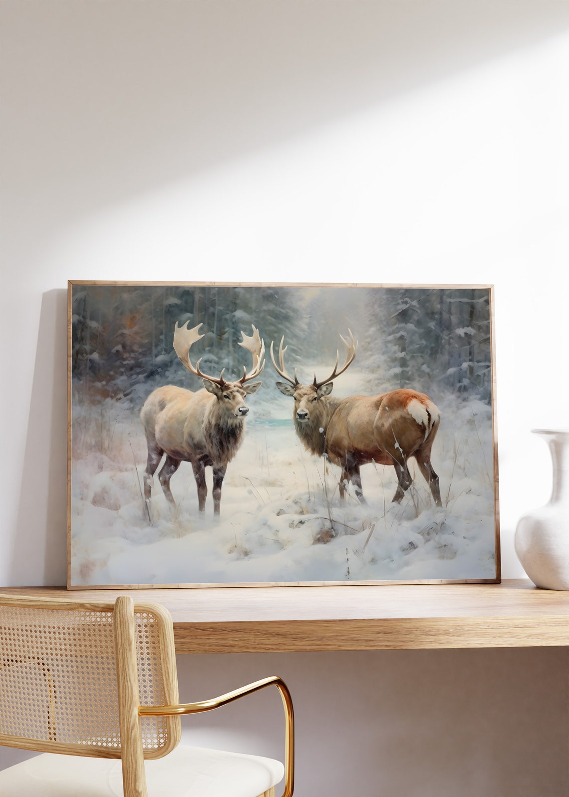 Two Majestic Stags Standing in Snow with Winter Forest Behind Poster - Image 4