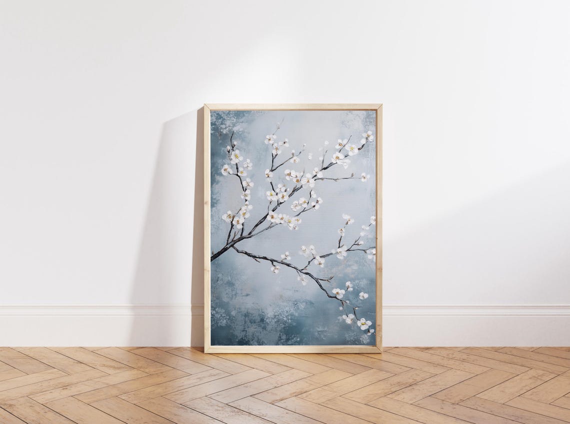 White Cherry Blossom Branches Blue Gray Japandi Home Decor Poster - Image 2