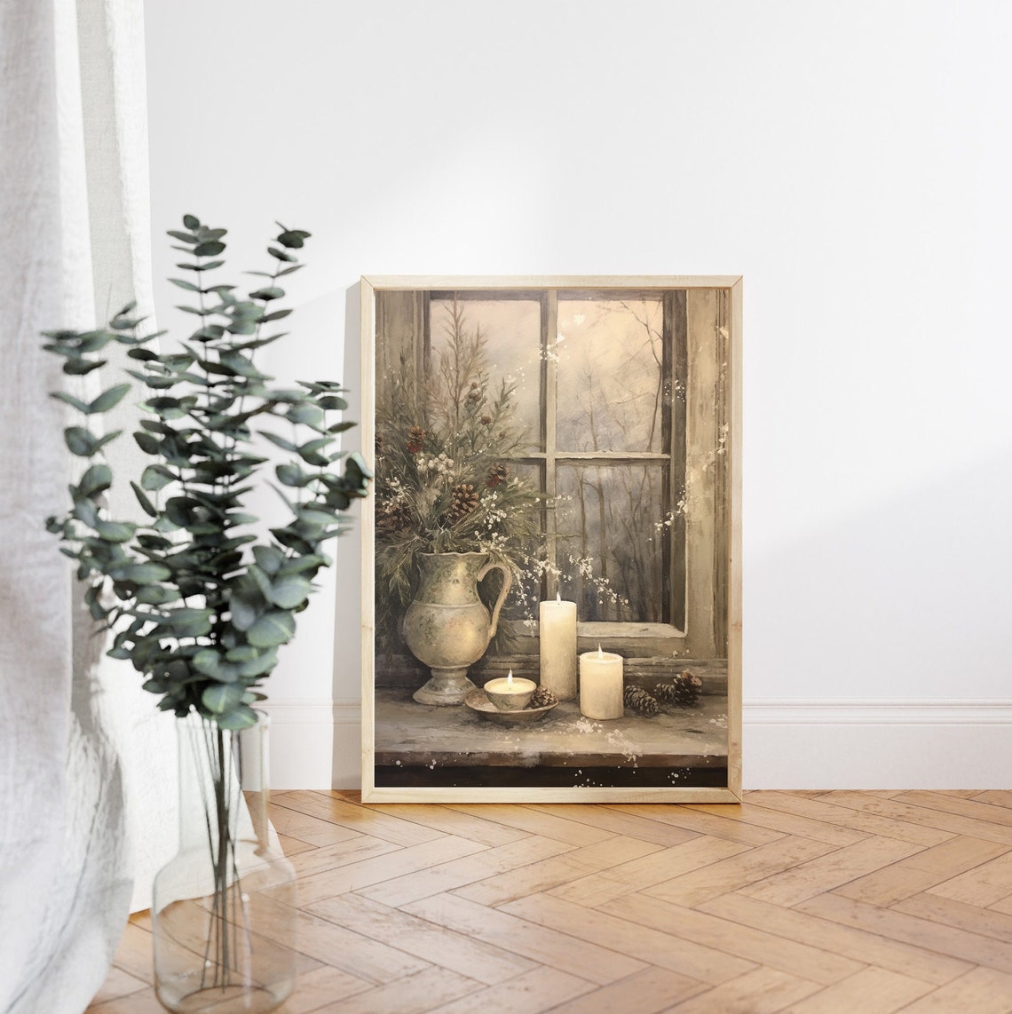 Stoneware Pitcher with Snowy Pine and Candles at Window Poster - Image 4