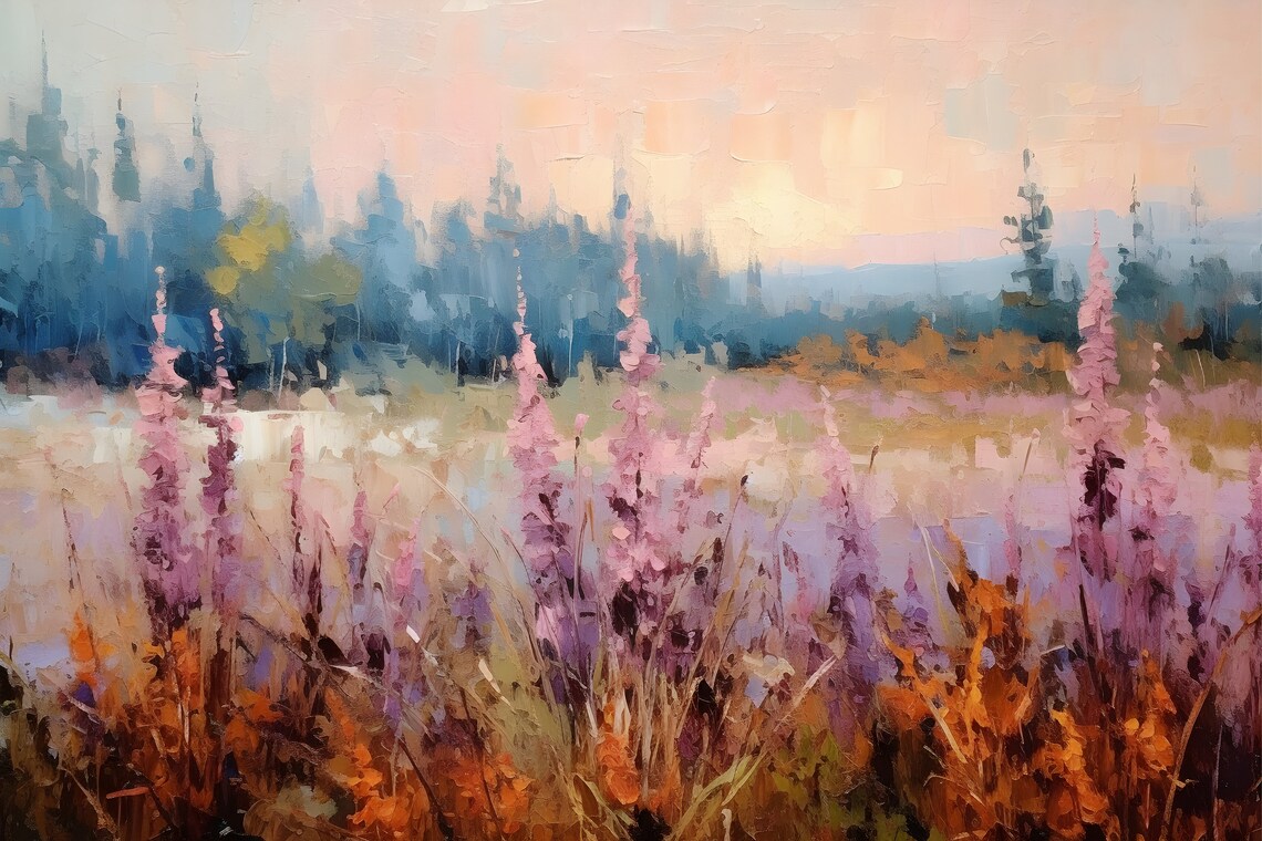 Autumn Meadow Painting Pink Foxglove Wildflowers Landscape Art Poster - Image 2