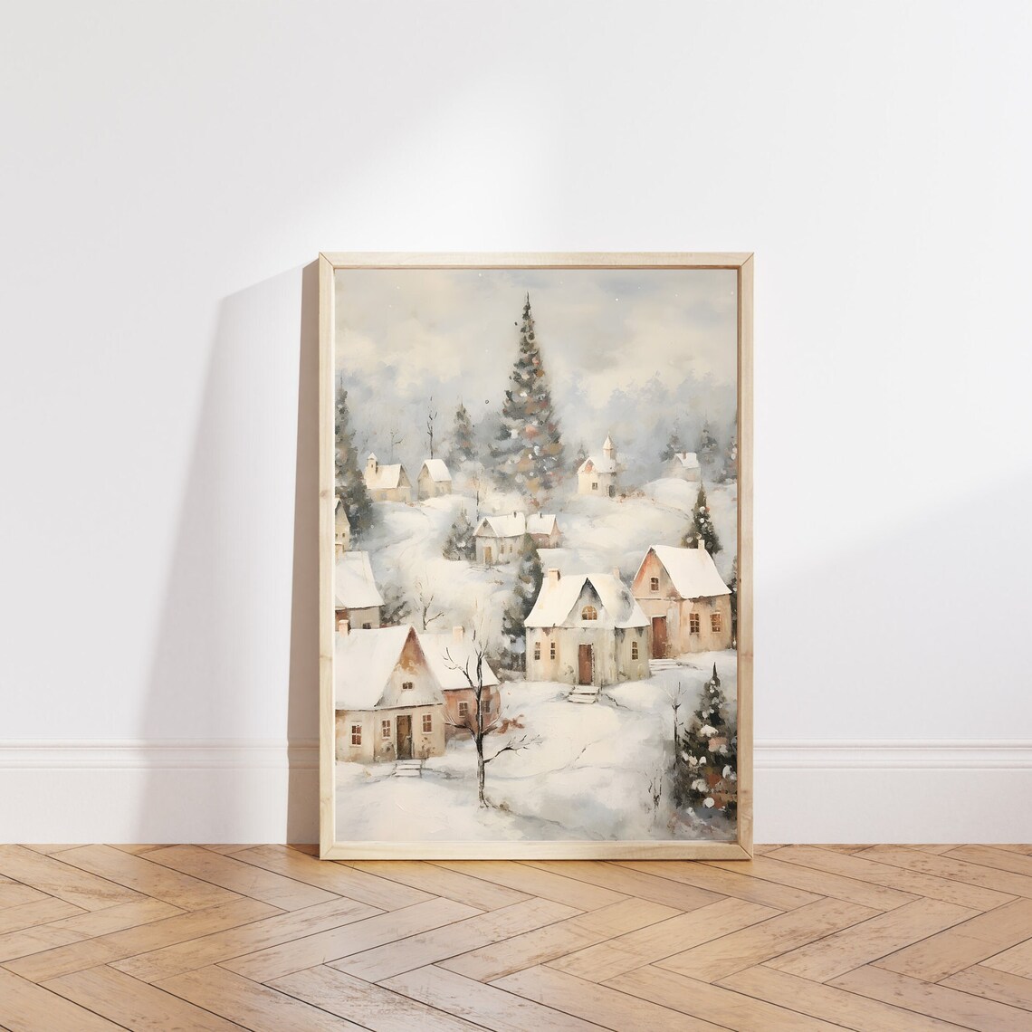 Vintage Winter Village Painting, Moody Winter Landscape - Image 6