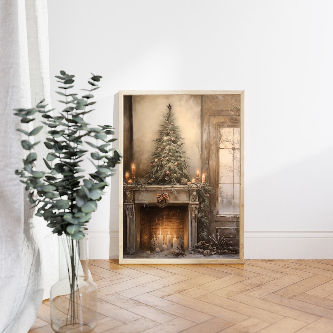 Christmas Tree on Fireplace Mantel with Candles and Garland Poster - Image 3