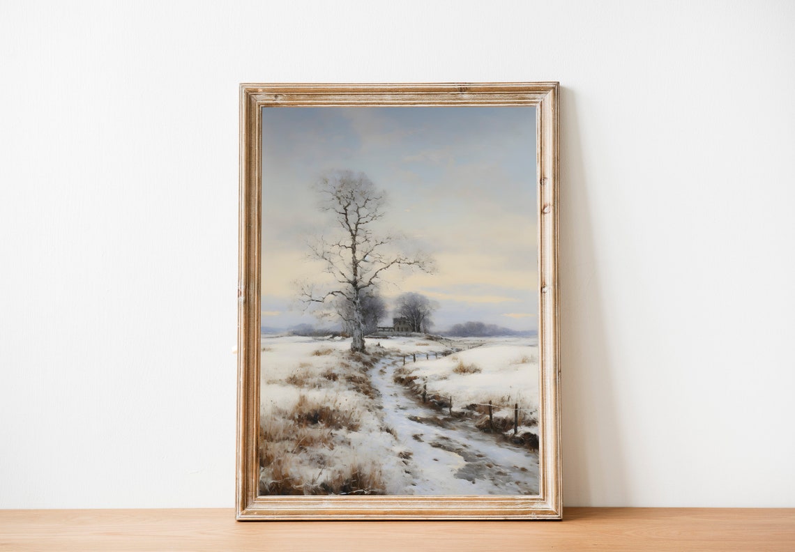 Lone Tree in Snowy Field with Frozen Stream and Farmhouse Poster - Image 2