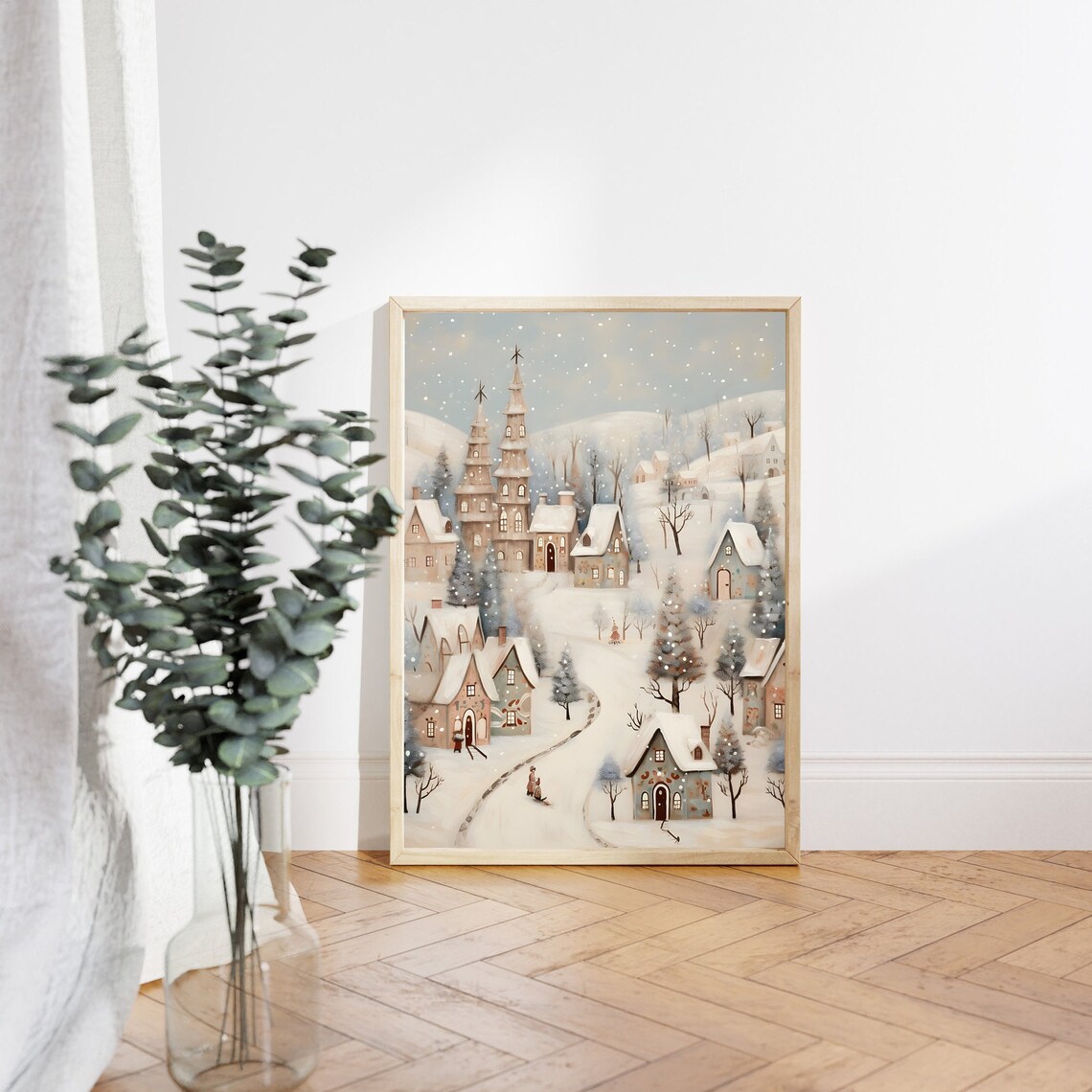 Vintage Christmas Village Landscape Art Print - Image 3