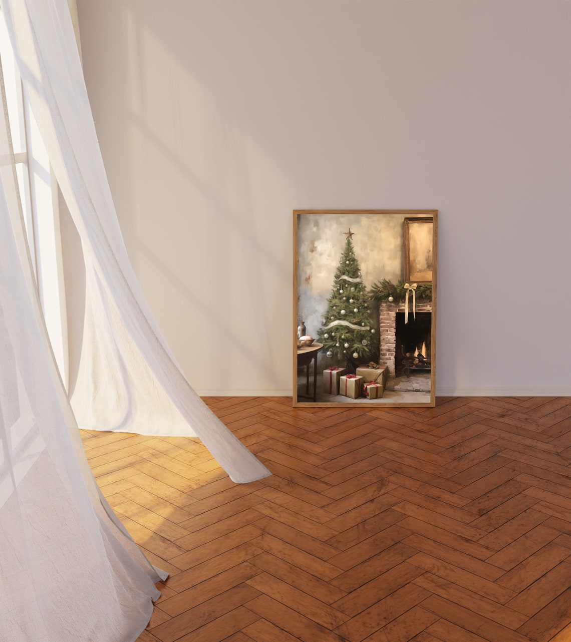 Vintage Christmas Tree with Star Topper Beside Brick Fireplace Poster - Image 5