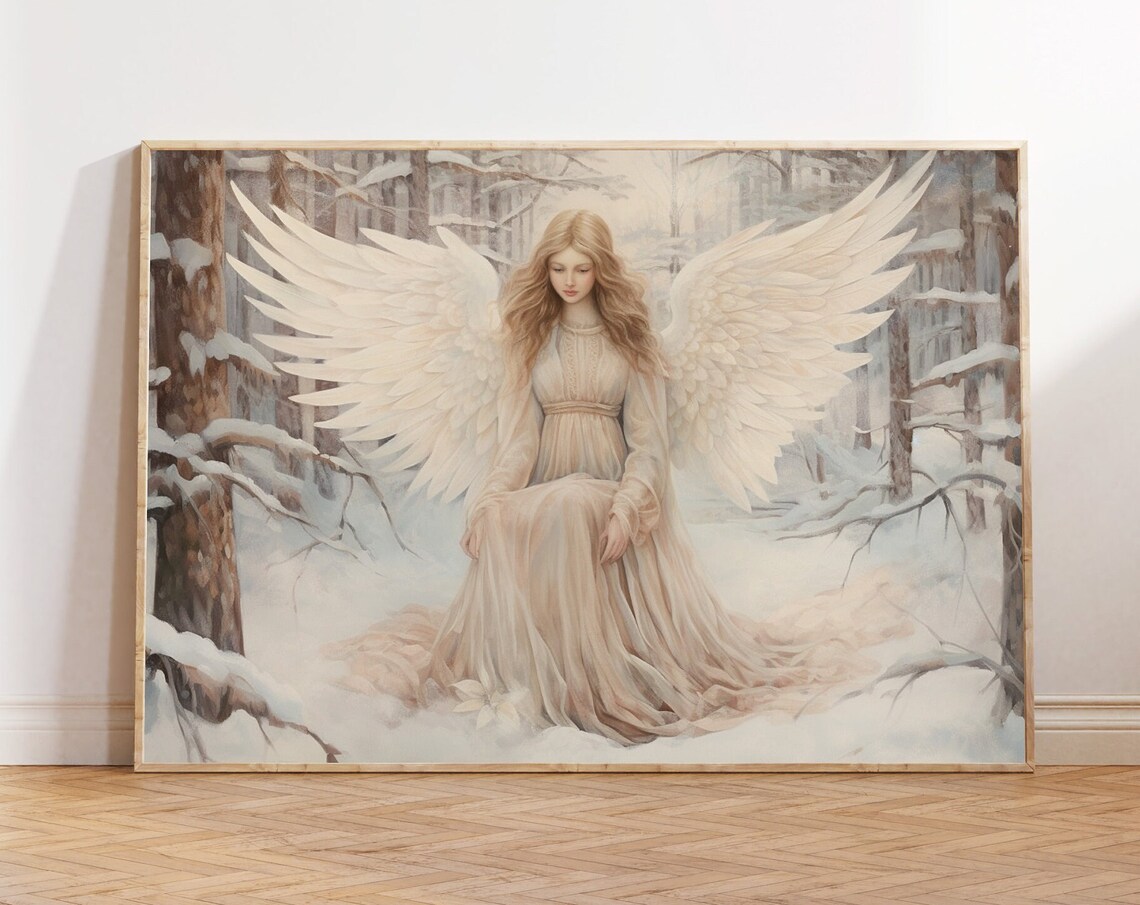 Vintage Angel Art Print, Christmas Winter Angel