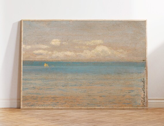 Minimal Neutral Seascape Tiny Sailboats Vintage Coastal Painting Poster