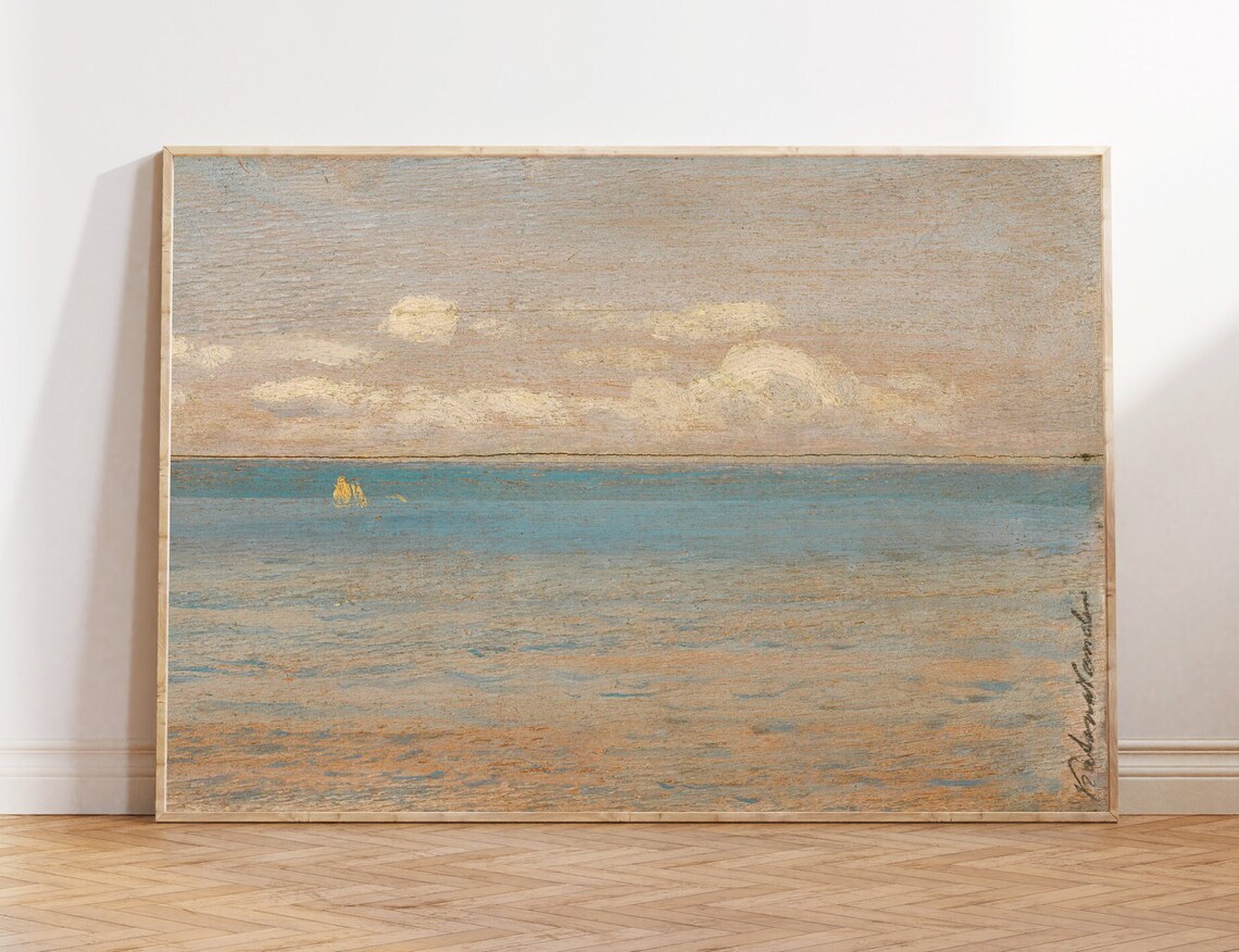 Minimal Neutral Seascape Tiny Sailboats Vintage Coastal Painting Poster