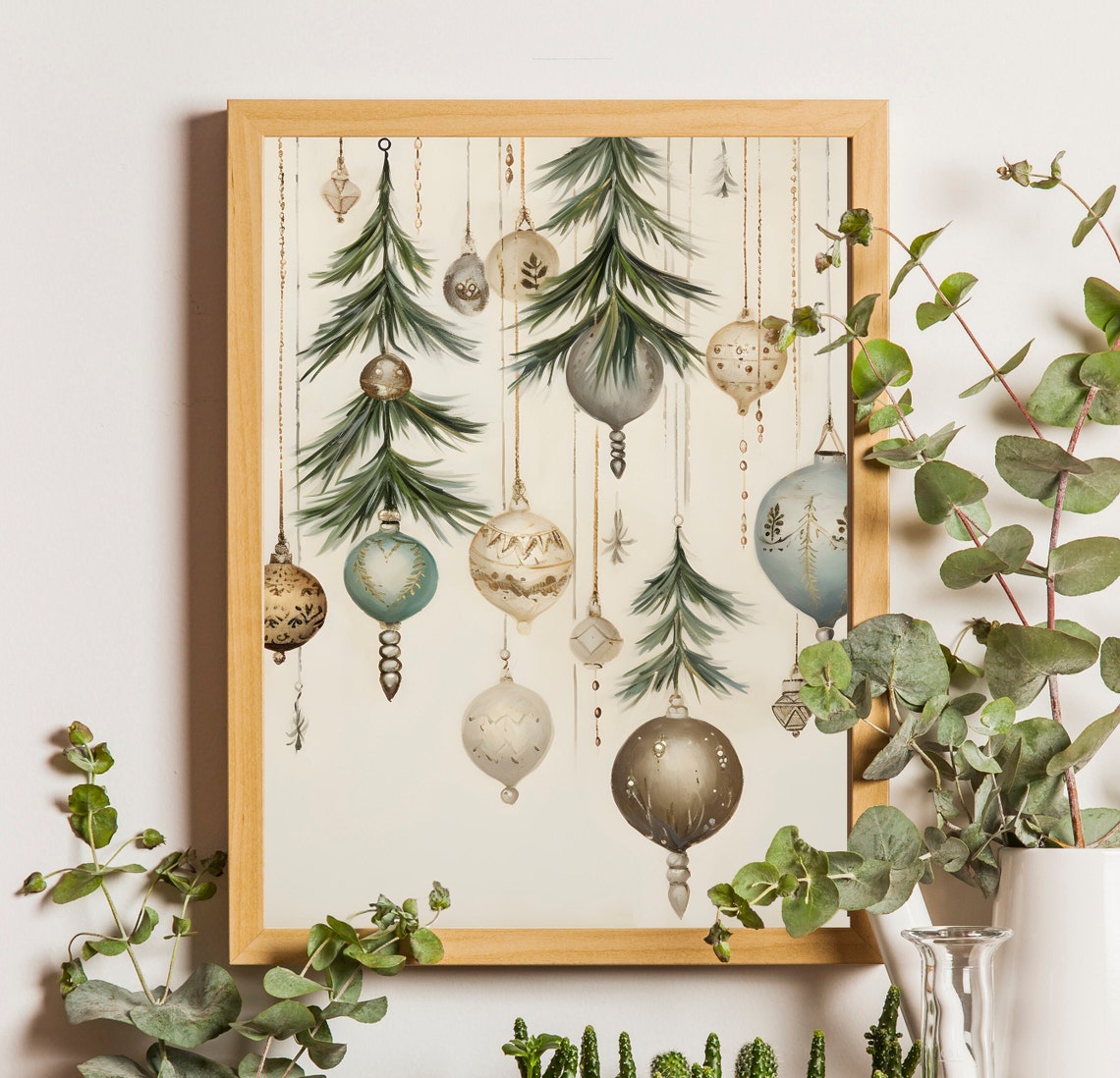 Hanging Vintage Christmas Ornaments with Pine Sprigs Cream Poster