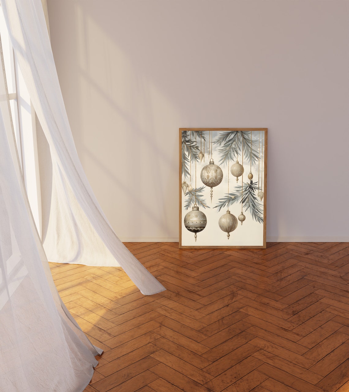 Champagne Baubles Hanging with Frosted Pine Branches Holiday Poster - Image 3