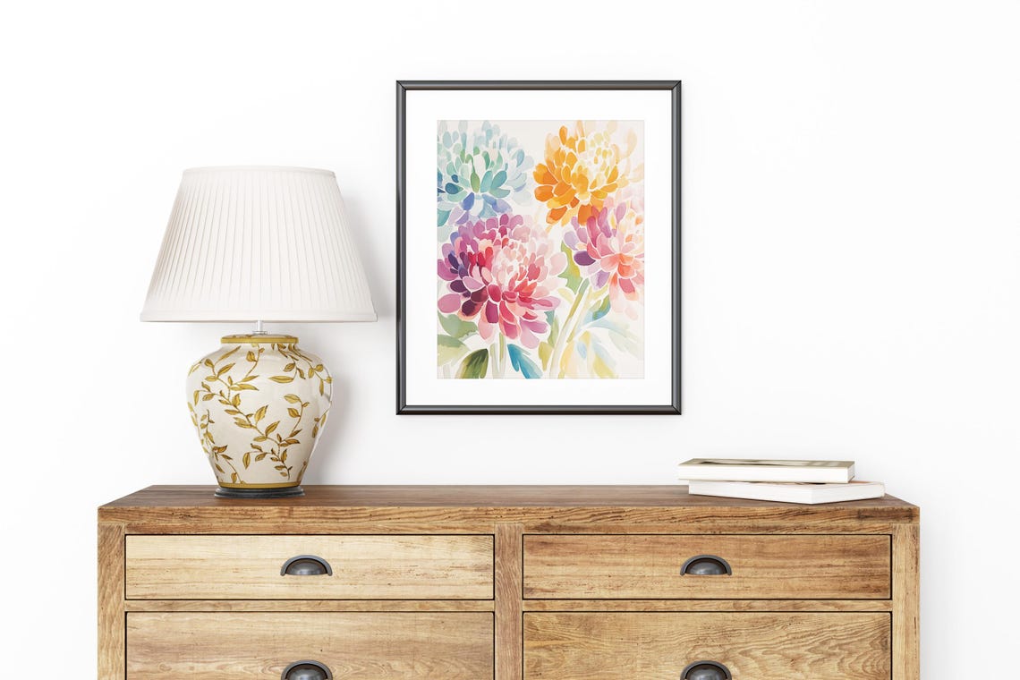 Soft Watercolor Chrysanthemum Trio Pink Purple Teal Home Decor Poster - Image 8