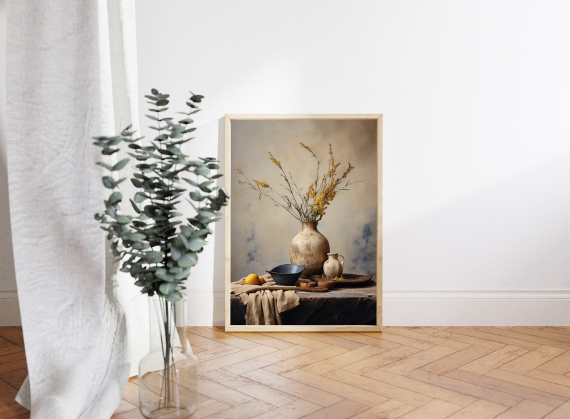 Dried Wildflowers in Rustic Stoneware Vase Farmhouse Wall Art - Image 2