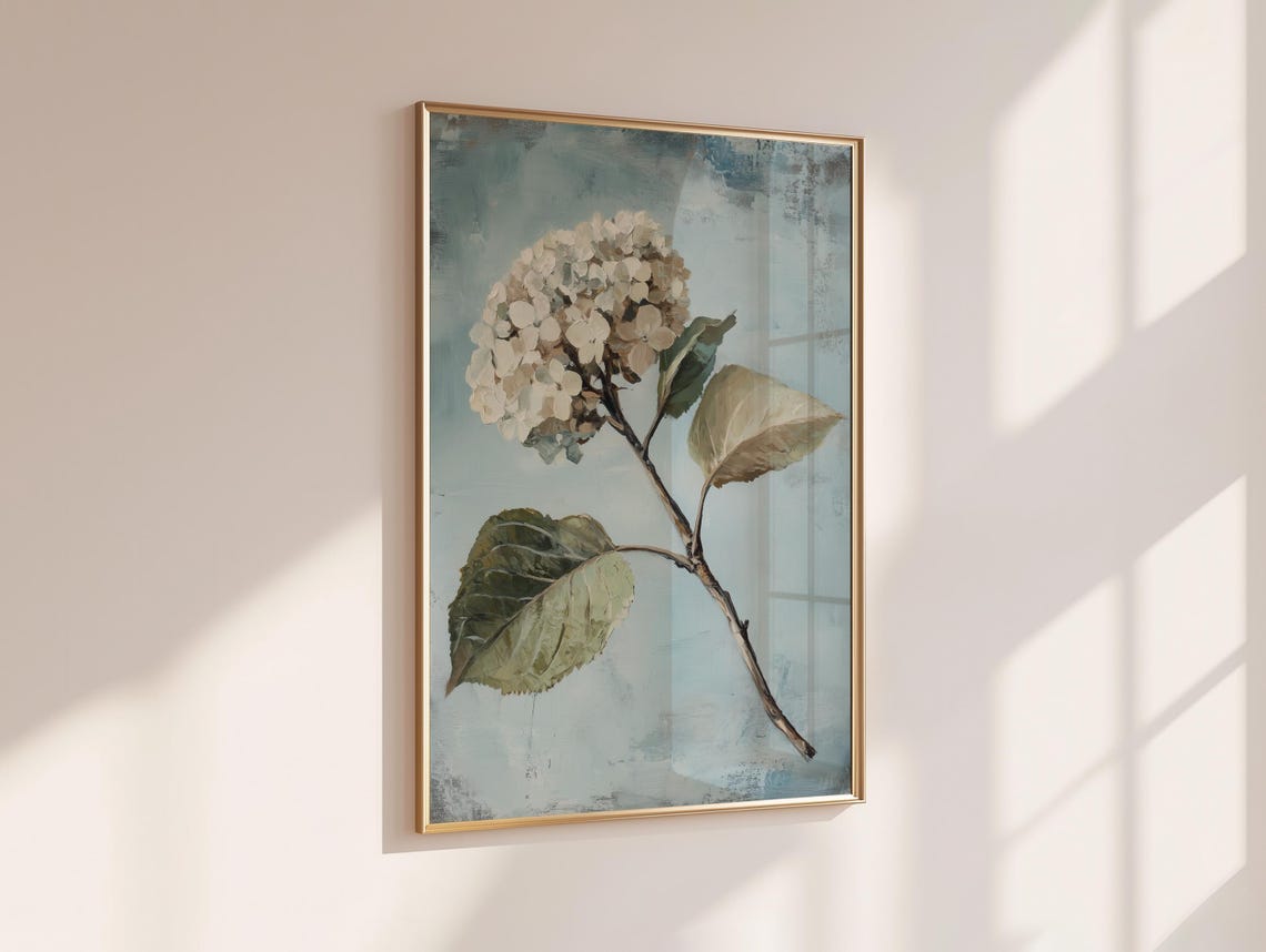 White Hydrangea Bloom Vintage Blue Gray Botanical Art Poster - Image 6