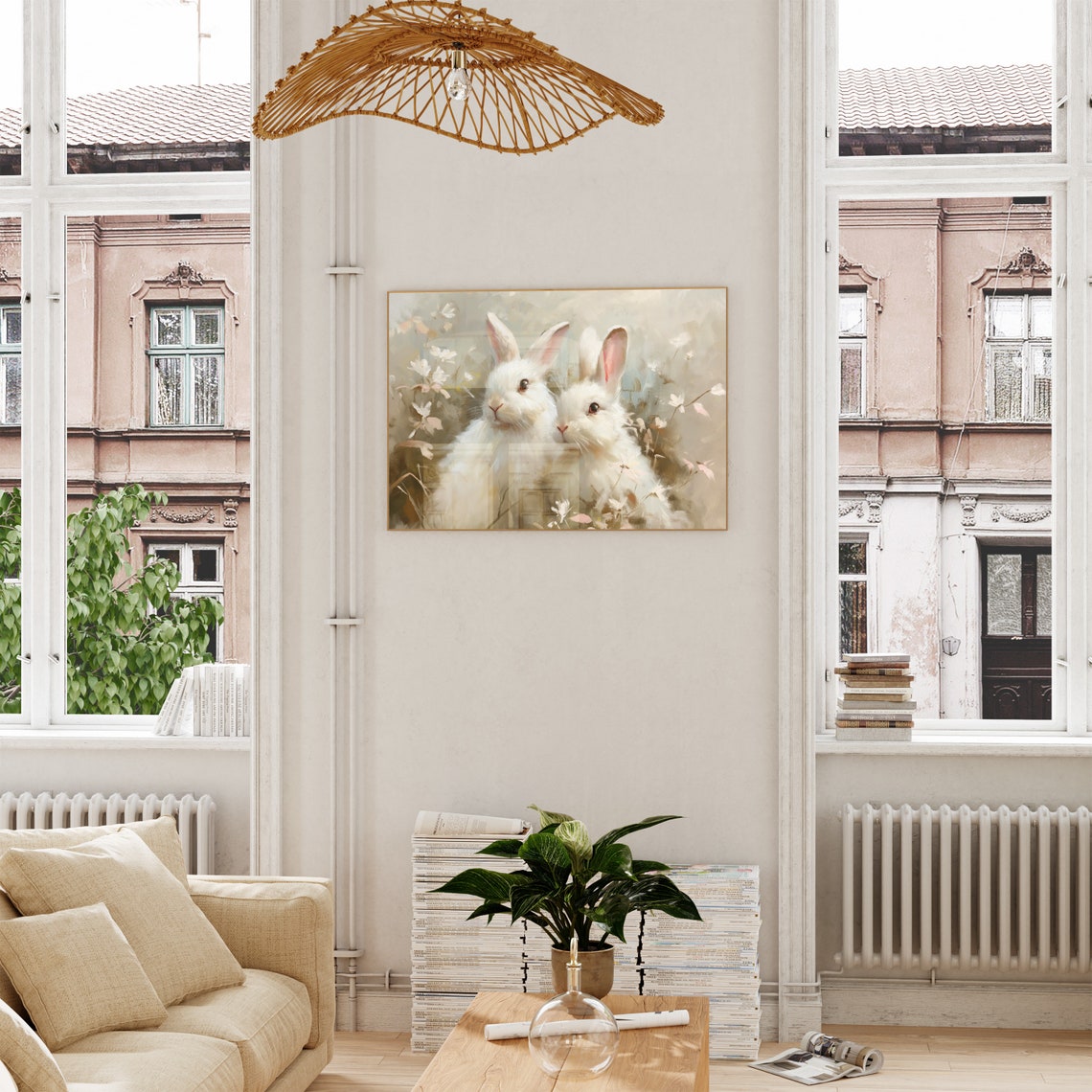 Two White Bunnies in Wildflowers Soft Spring Nursery Wall Art - Image 4