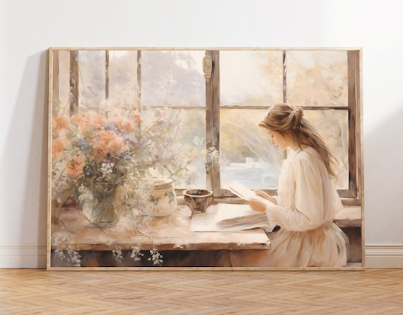Woman Reading by a Sunlit Window with Flowers in Cozy Style Wall Art