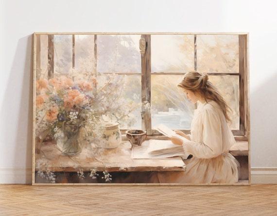 Woman Reading Portrait Woman Reading Wall Art Moody Woman Portrait Woman Reading Woman Decor Cottagecore Decor Female Art