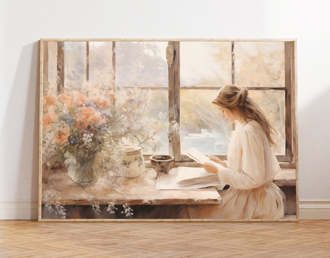 Woman Reading by a Sunlit Window with Flowers in Cozy Style Wall Art