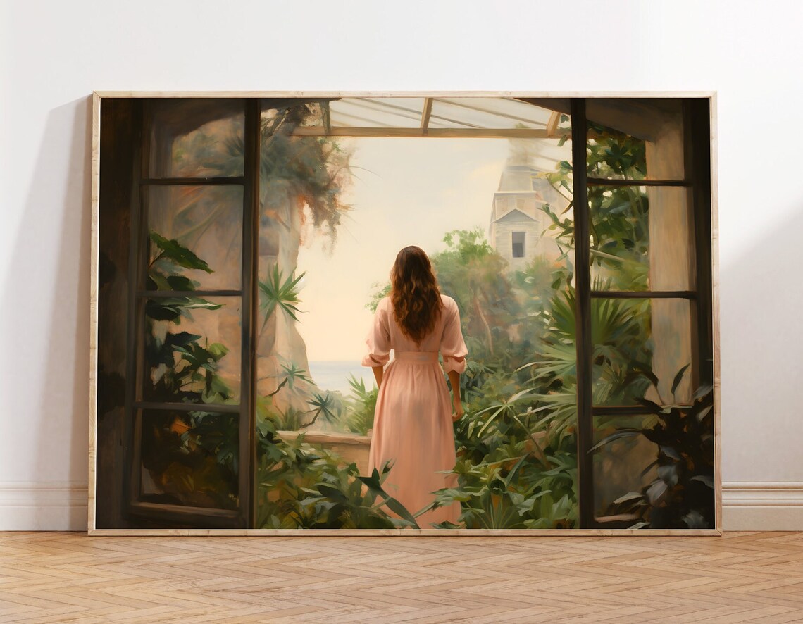 Woman at French Doors Overlooking a Garden Mediterranean Wall Art