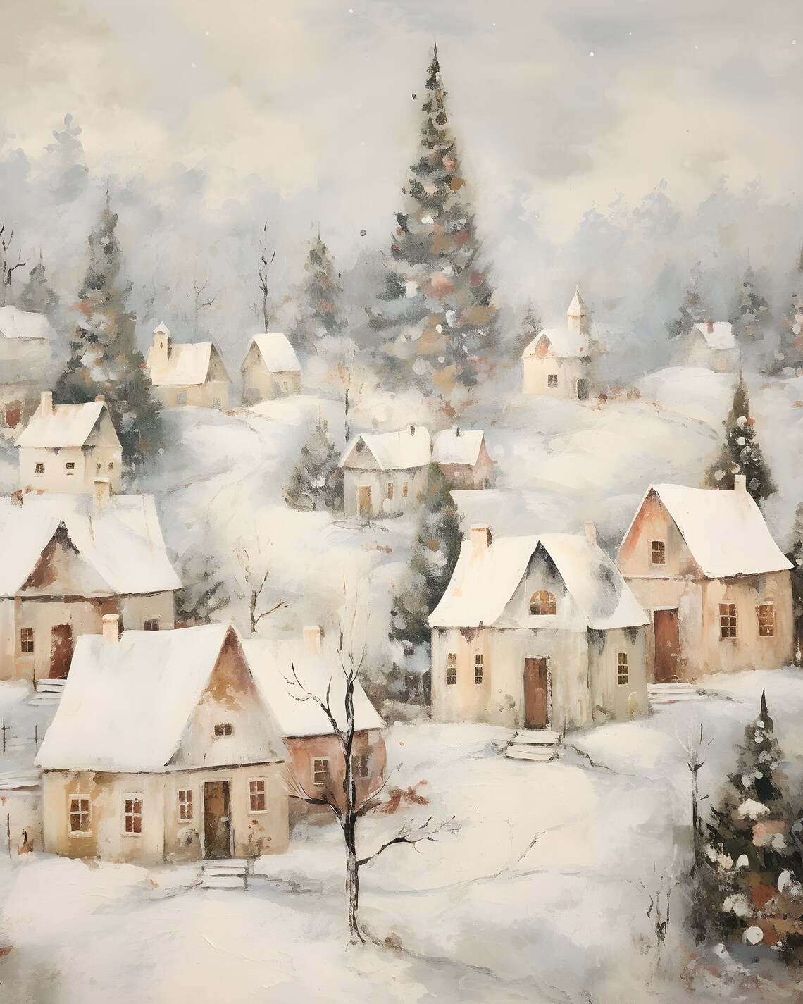 Vintage Winter Village Painting, Moody Winter Landscape - Image 5