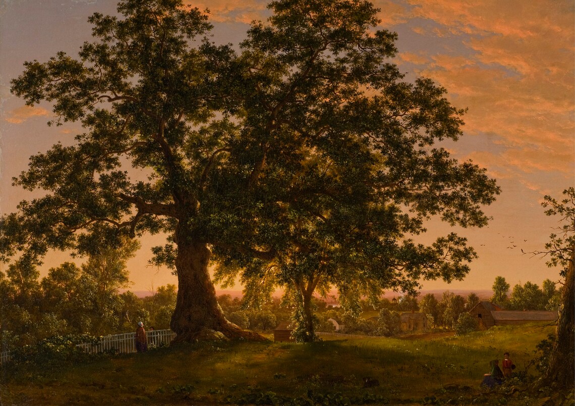 Grand Oak Tree At Sunset Farmhouse Vintage Landscape Painting Poster - Image 6