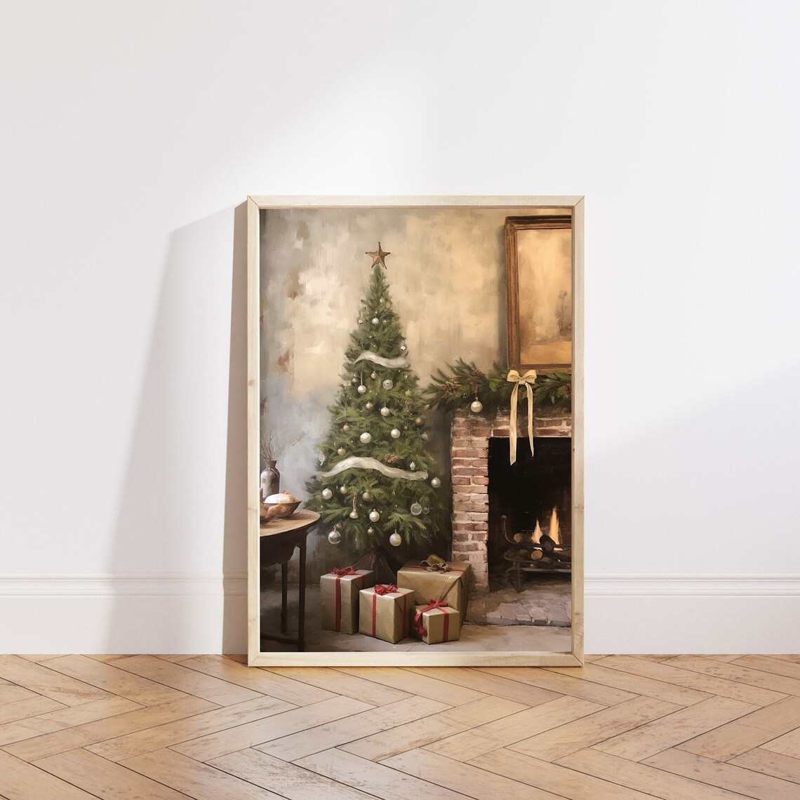 Vintage Christmas Tree with Star Topper Beside Brick Fireplace Poster - Image 4