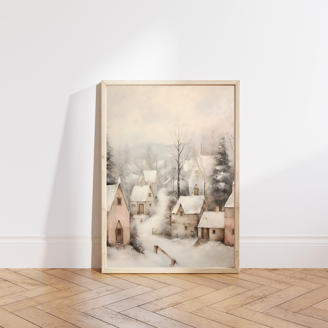 Pastel Snowy Village Cottages Vintage Winter Landscape Poster - Image 3