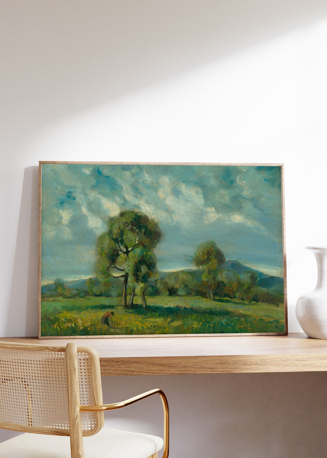 Vintage Country Landscape Painting Green Meadow Tree Rustic Art Poster - Image 8