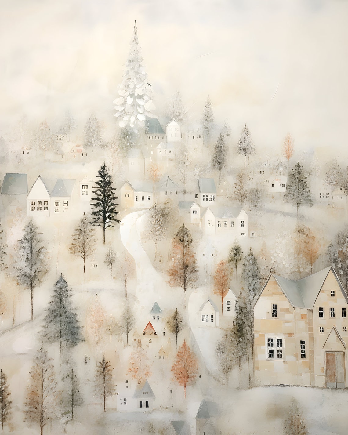 Dreamy Snowy Village with White Church Tower Pastel Watercolor Poster - Image 5