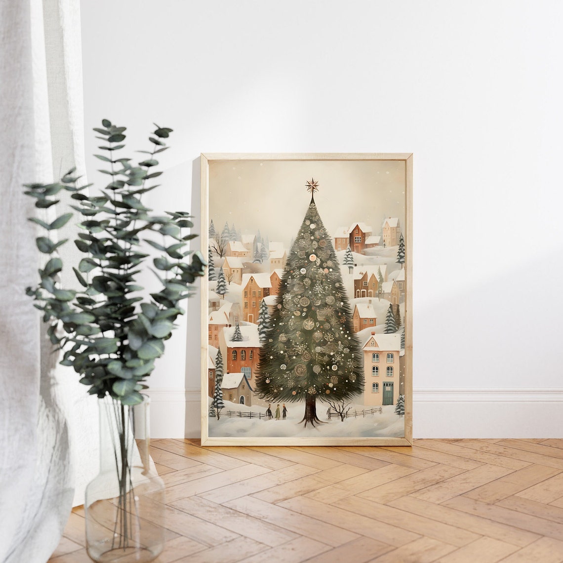 Big Decorated Christmas Tree with Gold Star in Snowy Village Poster - Image 4