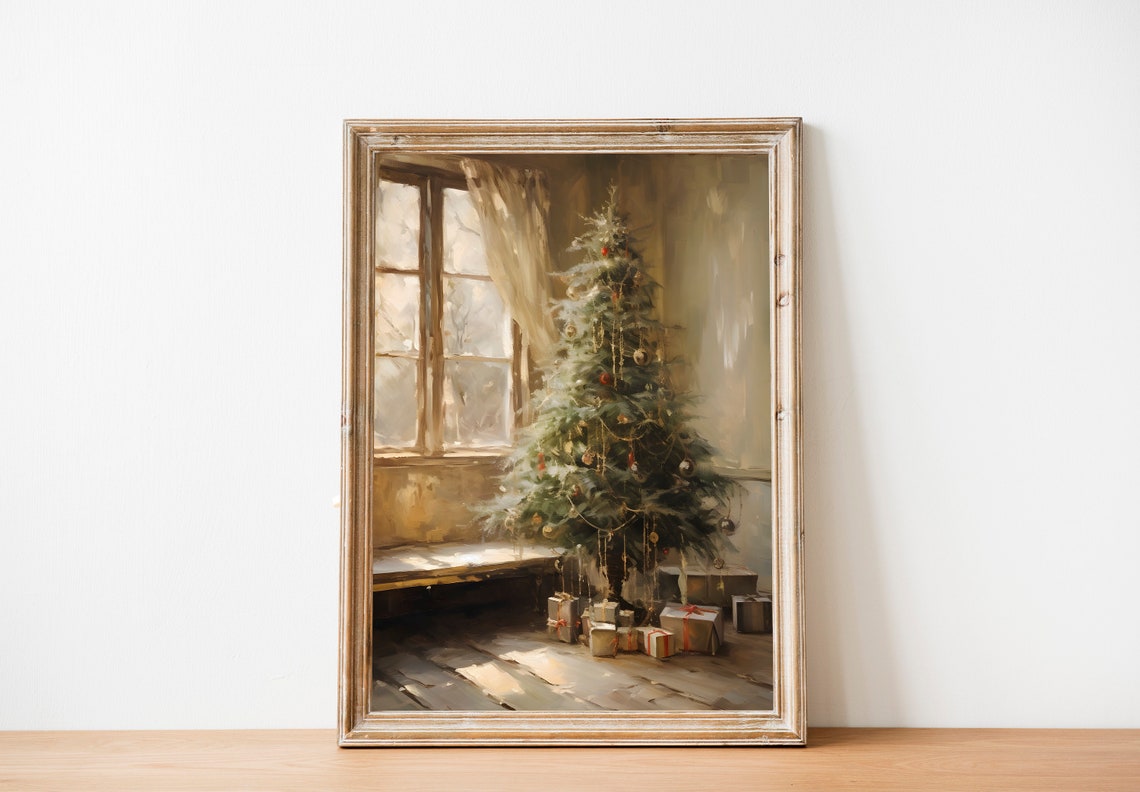 Sunlit Christmas Tree by Window with Sheer Curtain Oil Painting Poster - Image 3