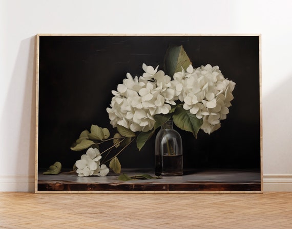 Hydrangea Vintage Flower Print Hydrangea Wall Art Moody Vintage Flower Print Dark Floral Still Life Painting Moody Hydrangea Wall Art