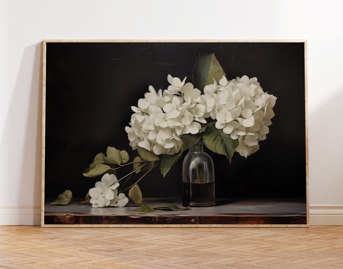 White Hydrangeas in Glass Bottle Dark Background Botanical Poster