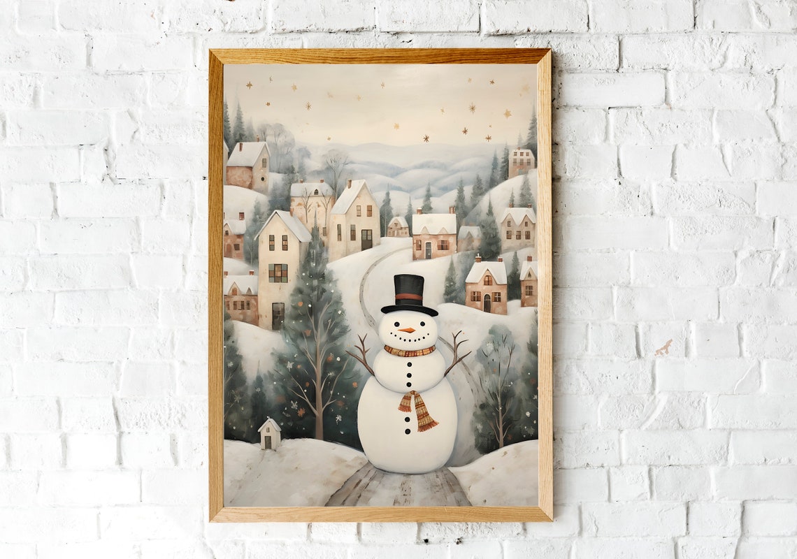 Snowman on Snowy Path before Starry Hillside Village Christmas Poster - Image 2