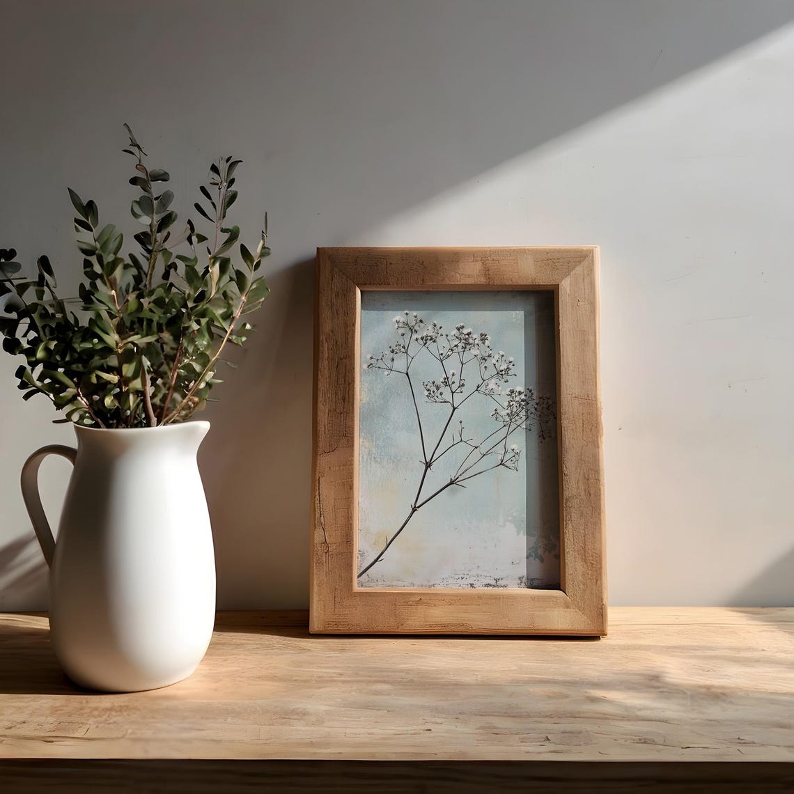 White Babys Breath Sprig Distressed Blue Minimalist Art Poster - Image 8