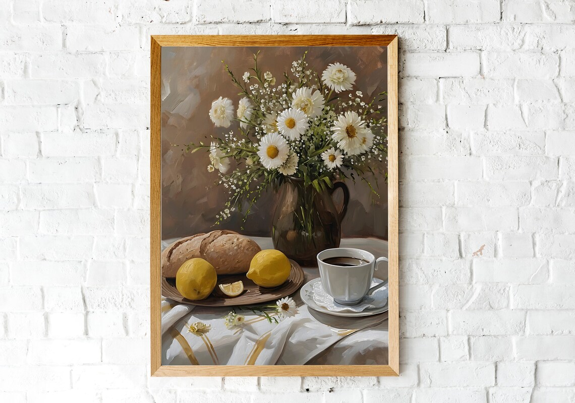 Vintage Neutral Lemons and Daisies Farmhouse Art Print - Image 3
