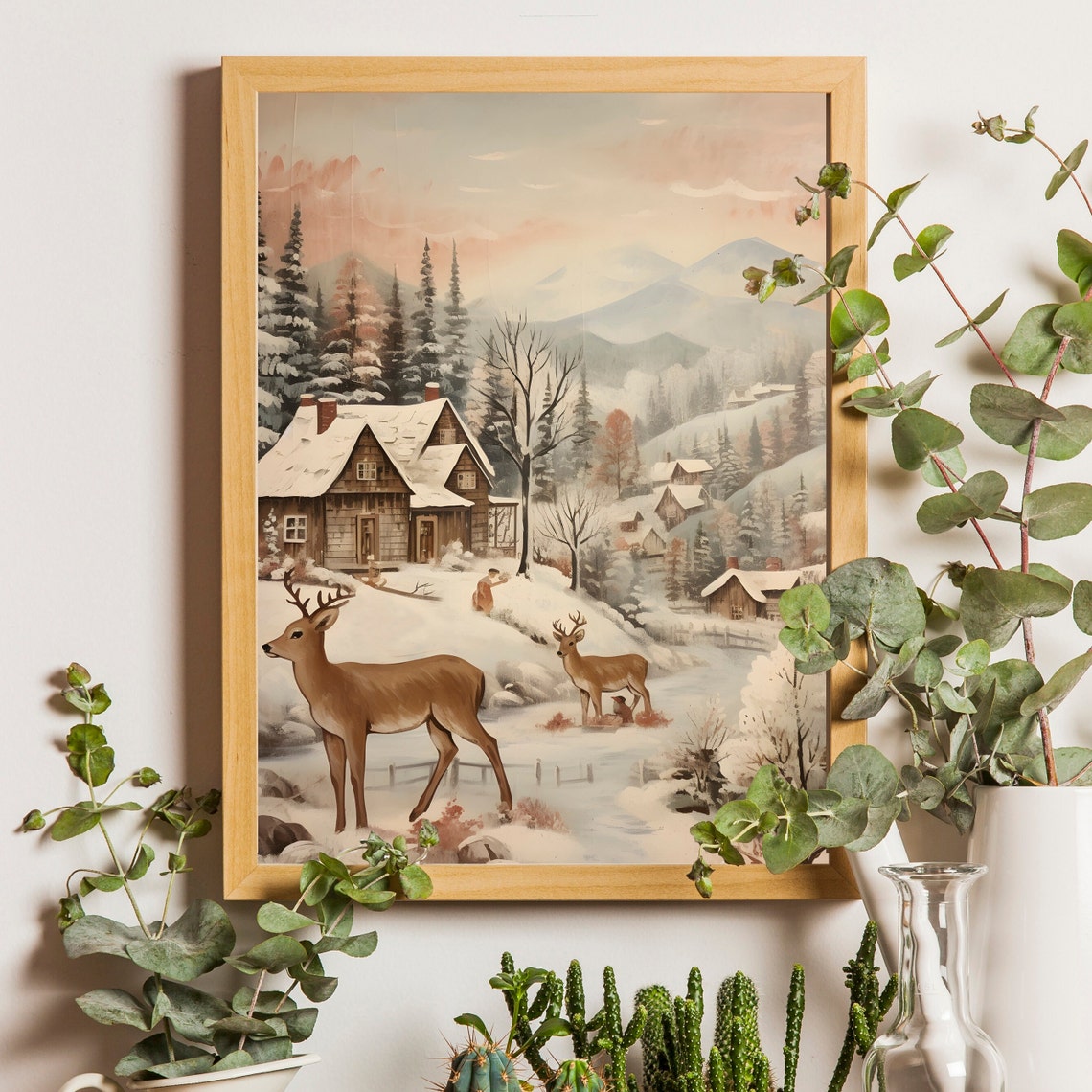 Deer in Snowy Mountain Village with Cozy Cabins Winter Poster