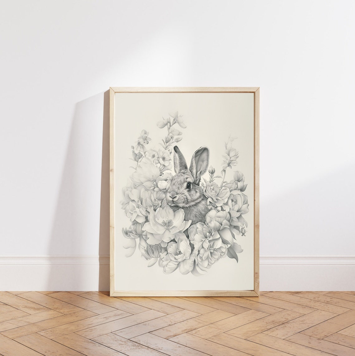 Bunny in a Circle of Gray Blooms Sketch Style Nursery Wall Art - Image 4