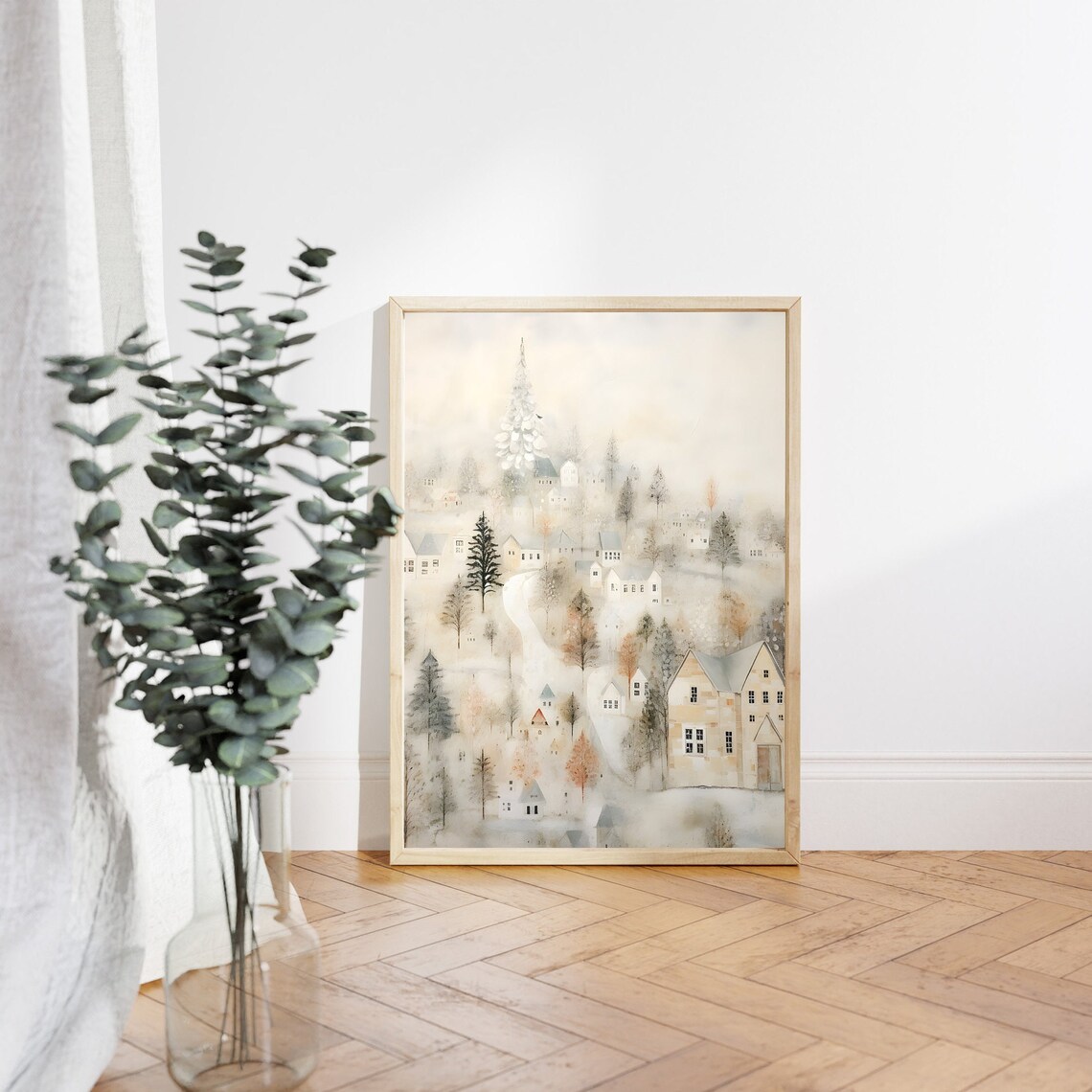 Dreamy Snowy Village with White Church Tower Pastel Watercolor Poster - Image 3
