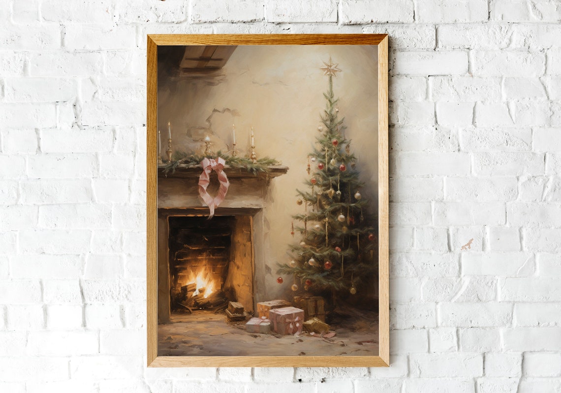 Rustic Fireplace with Lit Fire Candles and Pink Ribbon Bow Poster - Image 2