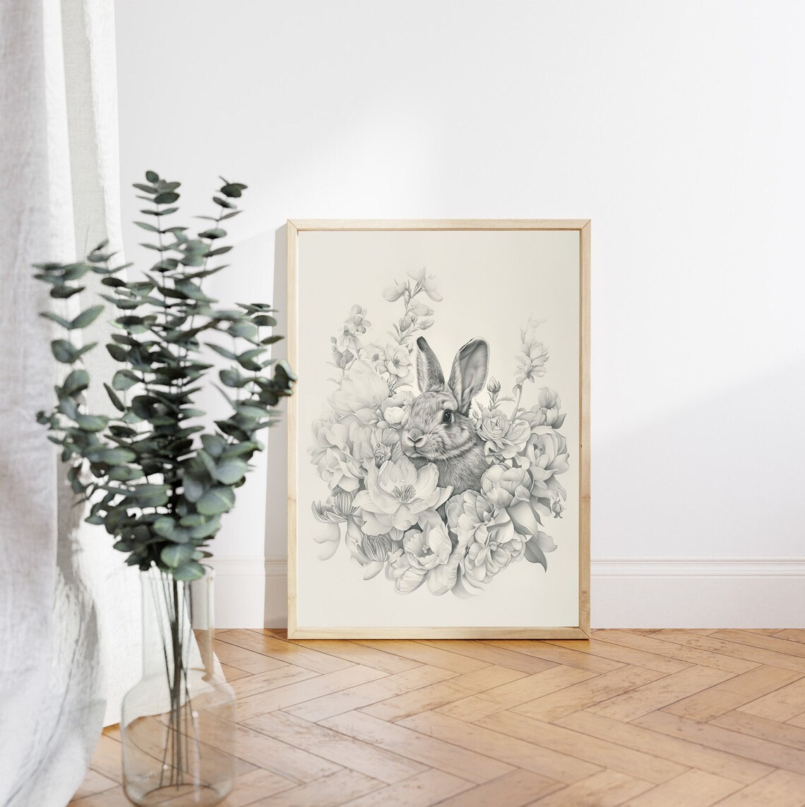 Bunny in a Circle of Gray Blooms Sketch Style Nursery Wall Art - Image 2