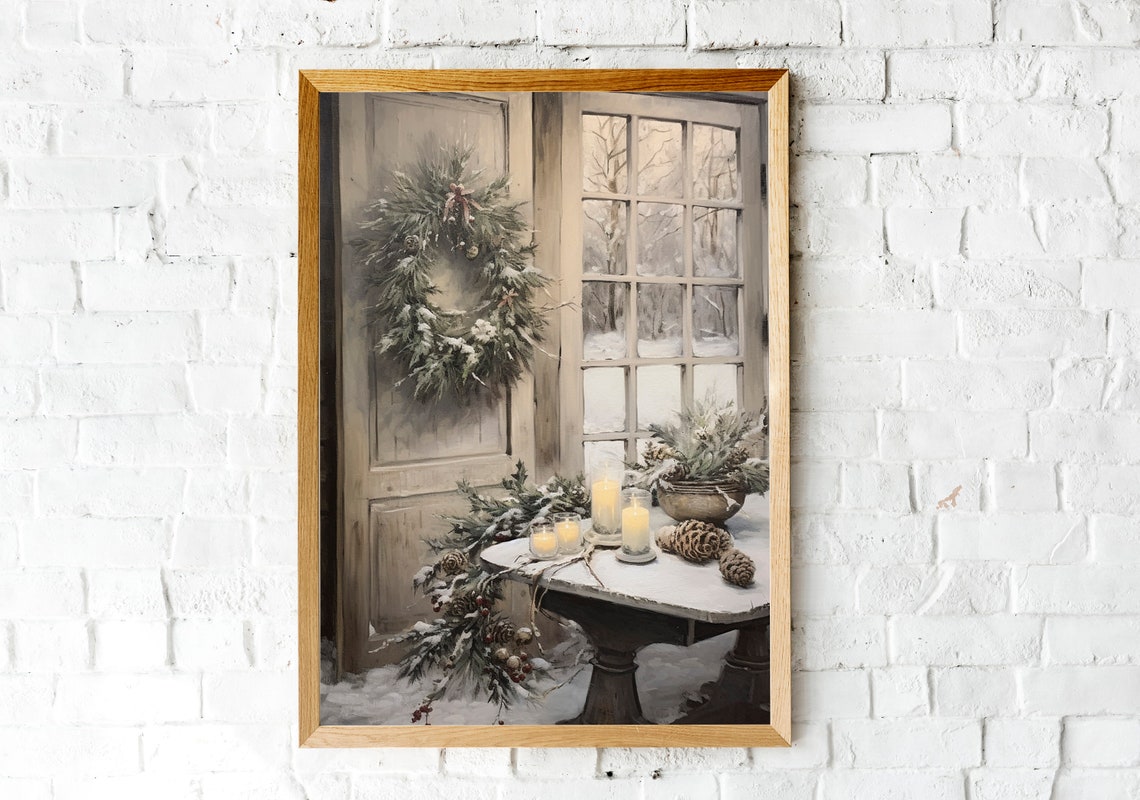 Snowy Wreath on Door by Frosty Window Candlelit Table Poster - Image 2
