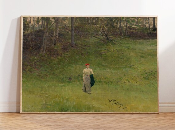Lady in Meadow Painting Vintage Countryside Red Hat Woman Art Poster