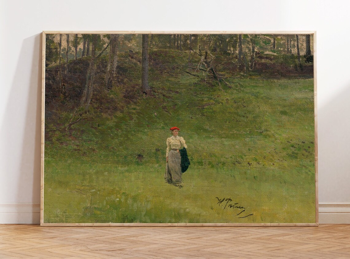 Lady in Meadow Painting Vintage Countryside Red Hat Woman Art Poster