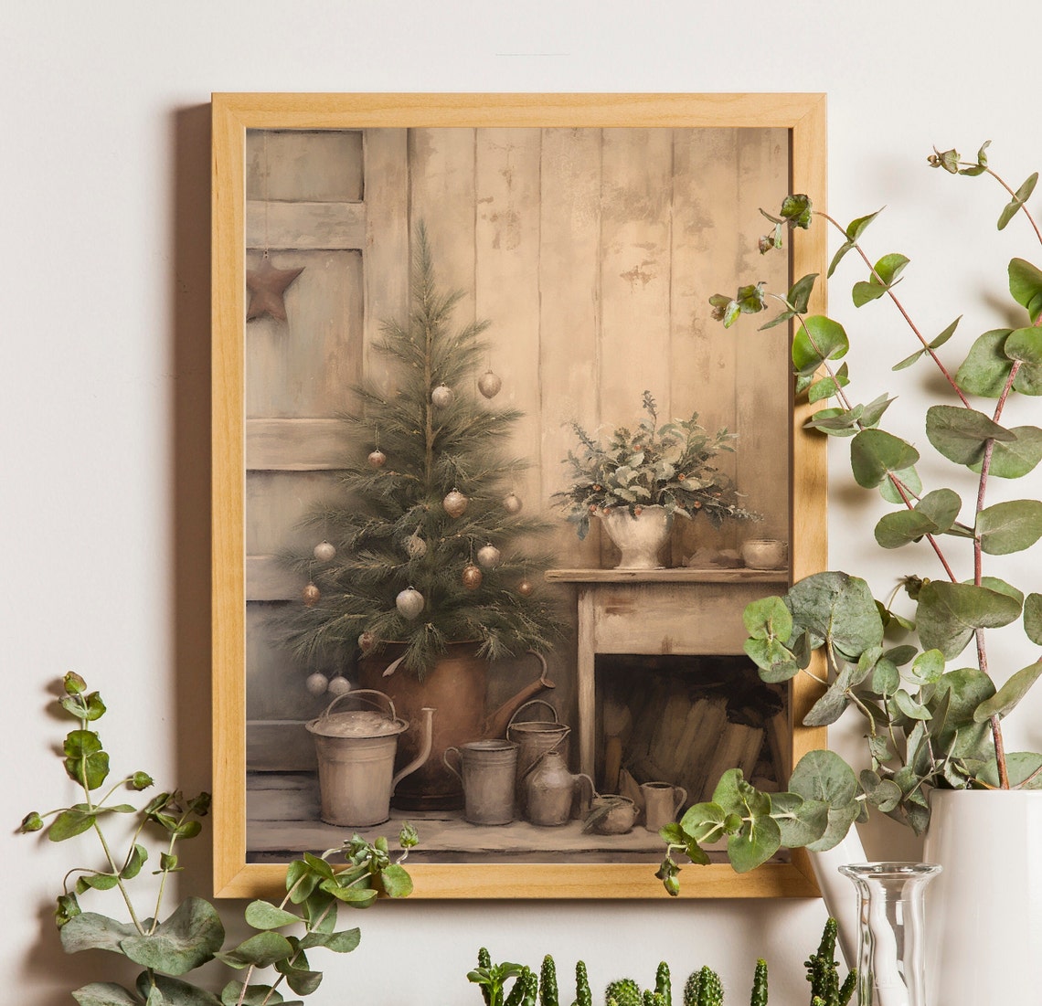 Rustic Christmas Tree in Vintage Metal Bucket Farmhouse Poster